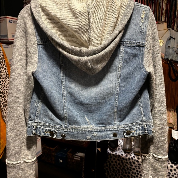 Free People Women’s Knit Hoodie Distressed FP Denim Jacket Navy XS (oversized) - Picture 4 of 4